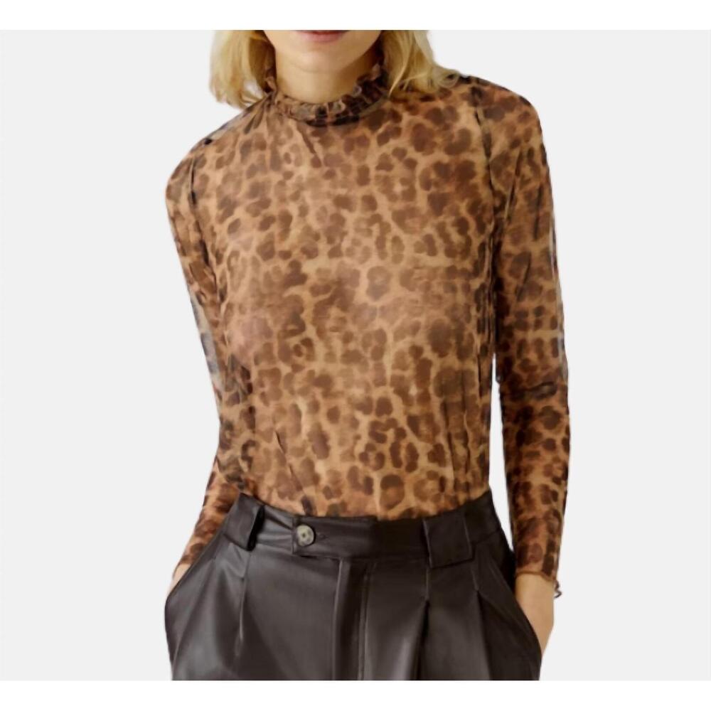 NEW OUI mock neck animal print sheer top in camel/grey
